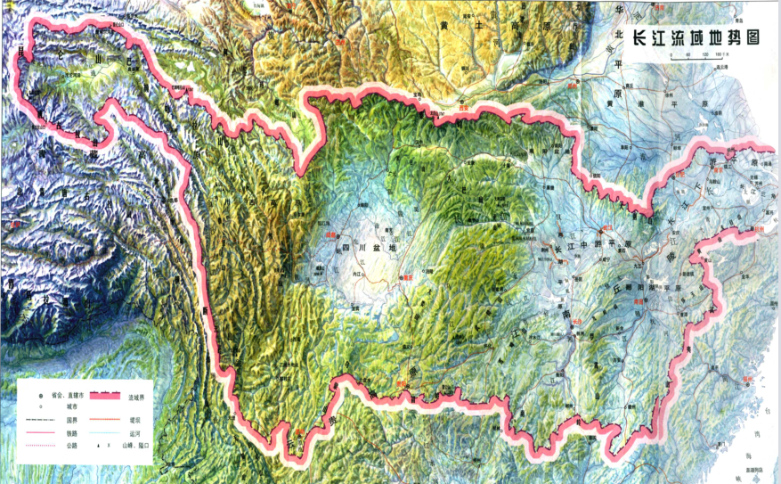 长江流域地势图（来源：《长江志 水系》）