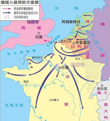 德国入侵西欧示意图 德国入侵西欧示意图