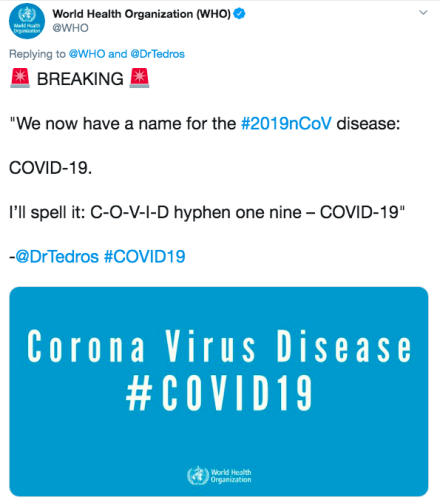 世卫组织在推特公布的新冠肺炎正式名称。 世卫组织在推特公布的新冠肺炎正式名称。