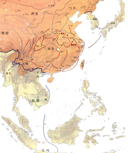 灭宋(红)、征丽(黄)、征日(紫)与征东南亚(蓝)诸役
灭宋(红)、征丽(黄)、征日(紫)与征东南亚(蓝)诸役