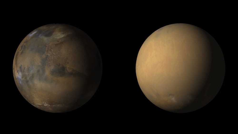 1998年7月席卷火星全球的沙尘暴（风暴前为左，风暴时在右）