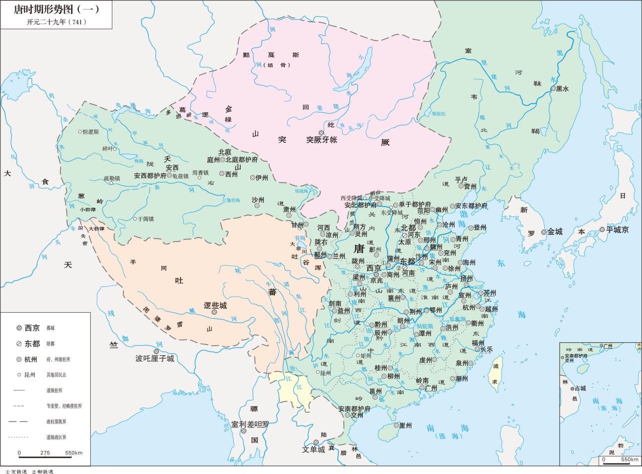 开元二十九年（741年）唐朝版图，取自《中国大百科全书》