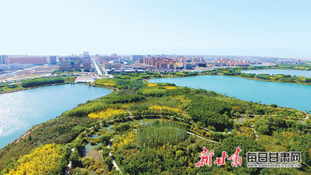 鸟瞰张掖市芦水湾生态景区与滨河新区 鸟瞰张掖市芦水湾生态景区与滨河新区