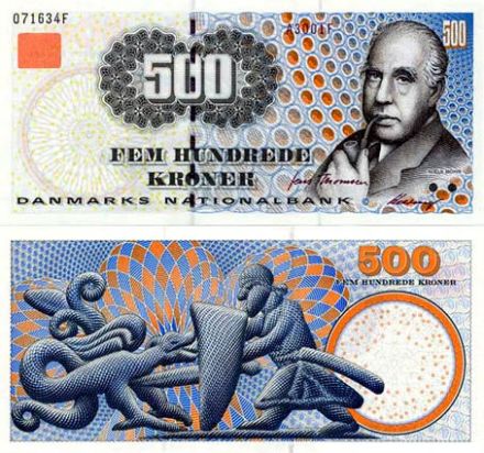 500丹麦克朗正面印有尼尔斯·玻尔的头像 500丹麦克朗正面印有尼尔斯·玻尔的头像