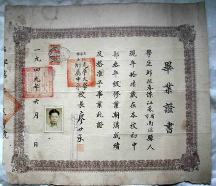 1949年光华大学附属中学毕业证书 1949年光华大学附属中学毕业证书