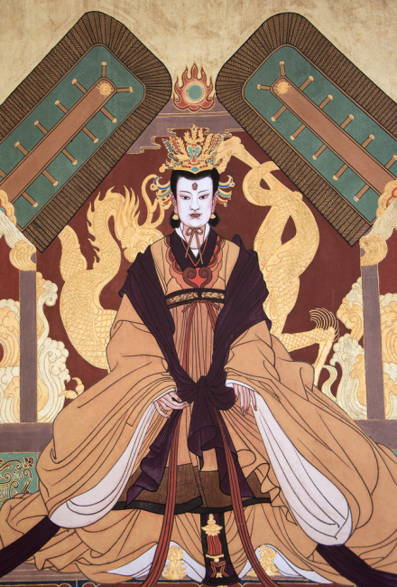 壁画《万国来朝》中的武则天(摄于洛阳市天堂遗址) 壁画《万国来朝》中的武则天(摄于洛阳市天堂遗址)