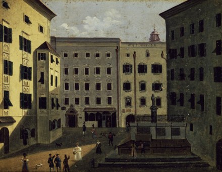 莫扎特出生的房子(后面,右边),契希纳所作的石版画 莫扎特出生的房子(后面,右边),契希纳所作的石版画