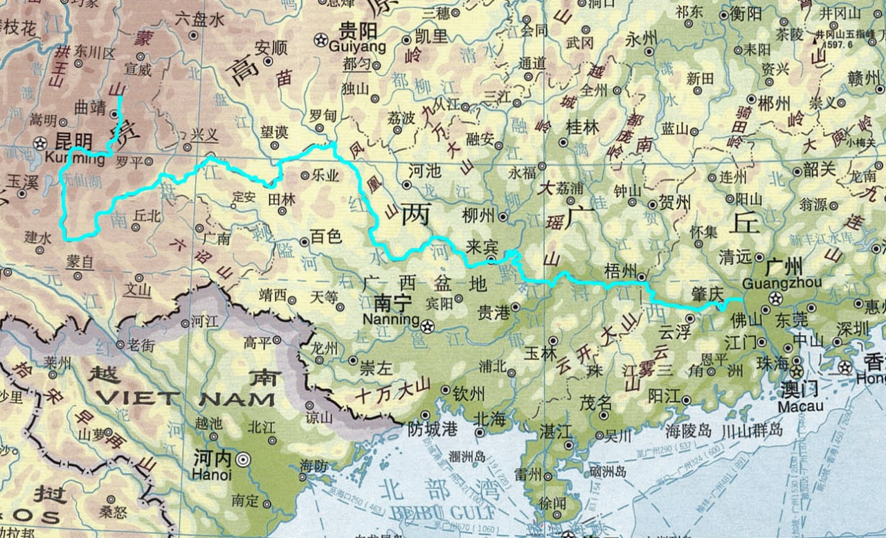 西江干流走向及水系分布