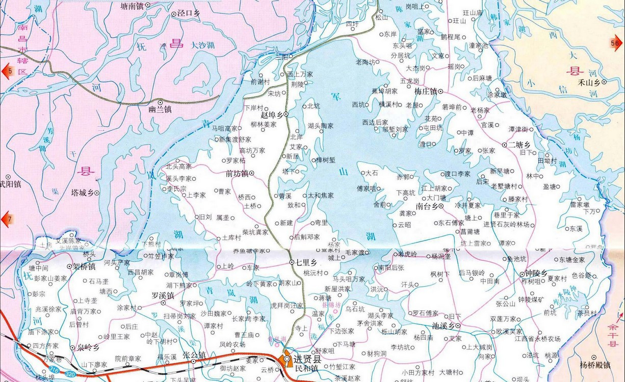 鄱阳湖南部进贤县境内水面分布