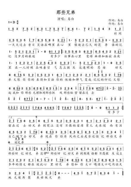 歌曲《那些兄弟》简谱 歌曲《那些兄弟》简谱