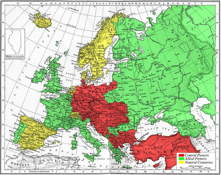 1915年的欧洲（红色为同盟国，绿色为协约国）