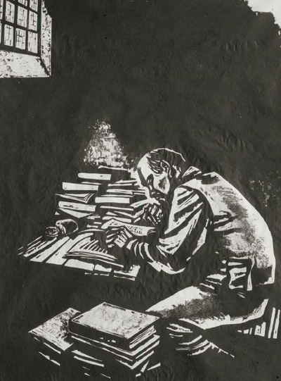 高荣生《在狱中写作(木刻) 》 高荣生《在狱中写作(木刻) 》