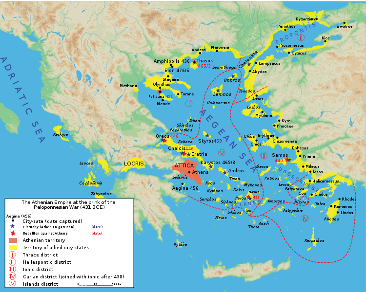 前431年的古希腊世界，红色部分是雅典城邦