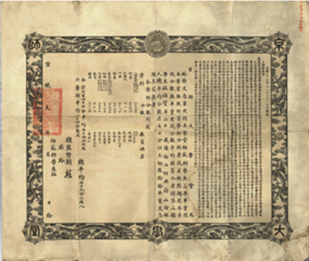 1907年京师大学堂首届毕业典礼颁发的毕业文凭 1907年京师大学堂首届毕业典礼颁发的毕业文凭